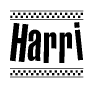 The clipart image displays the text Harri in a bold, stylized font. It is enclosed in a rectangular border with a checkerboard pattern running below and above the text, similar to a finish line in racing. 