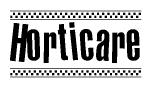 The clipart image displays the text Horticare in a bold, stylized font. It is enclosed in a rectangular border with a checkerboard pattern running below and above the text, similar to a finish line in racing. 