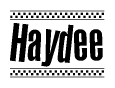 The image is a black and white clipart of the text Haydee in a bold, italicized font. The text is bordered by a dotted line on the top and bottom, and there are checkered flags positioned at both ends of the text, usually associated with racing or finishing lines.