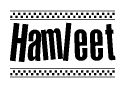 The image is a black and white clipart of the text Hamleet in a bold, italicized font. The text is bordered by a dotted line on the top and bottom, and there are checkered flags positioned at both ends of the text, usually associated with racing or finishing lines.