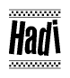 The image contains the text Hadi in a bold, stylized font, with a checkered flag pattern bordering the top and bottom of the text.