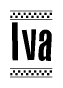 The image contains the text Iva in a bold, stylized font, with a checkered flag pattern bordering the top and bottom of the text.