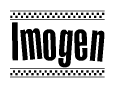 The image is a black and white clipart of the text Imogen in a bold, italicized font. The text is bordered by a dotted line on the top and bottom, and there are checkered flags positioned at both ends of the text, usually associated with racing or finishing lines.