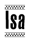 The image is a black and white clipart of the text Isa in a bold, italicized font. The text is bordered by a dotted line on the top and bottom, and there are checkered flags positioned at both ends of the text, usually associated with racing or finishing lines.