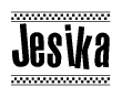 The clipart image displays the text Jesika in a bold, stylized font. It is enclosed in a rectangular border with a checkerboard pattern running below and above the text, similar to a finish line in racing. 