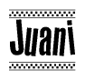 The image is a black and white clipart of the text Juani in a bold, italicized font. The text is bordered by a dotted line on the top and bottom, and there are checkered flags positioned at both ends of the text, usually associated with racing or finishing lines.