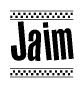 The image contains the text Jaim in a bold, stylized font, with a checkered flag pattern bordering the top and bottom of the text.