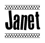 The image is a black and white clipart of the text Janet in a bold, italicized font. The text is bordered by a dotted line on the top and bottom, and there are checkered flags positioned at both ends of the text, usually associated with racing or finishing lines.