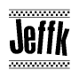 The clipart image displays the text Jeffk in a bold, stylized font. It is enclosed in a rectangular border with a checkerboard pattern running below and above the text, similar to a finish line in racing. 
