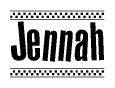 The image is a black and white clipart of the text Jennah in a bold, italicized font. The text is bordered by a dotted line on the top and bottom, and there are checkered flags positioned at both ends of the text, usually associated with racing or finishing lines.