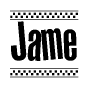 The image is a black and white clipart of the text Jame in a bold, italicized font. The text is bordered by a dotted line on the top and bottom, and there are checkered flags positioned at both ends of the text, usually associated with racing or finishing lines.