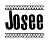 The image contains the text Josee in a bold, stylized font, with a checkered flag pattern bordering the top and bottom of the text.