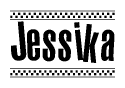 The image is a black and white clipart of the text Jessika in a bold, italicized font. The text is bordered by a dotted line on the top and bottom, and there are checkered flags positioned at both ends of the text, usually associated with racing or finishing lines.
