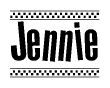 The clipart image displays the text Jennie in a bold, stylized font. It is enclosed in a rectangular border with a checkerboard pattern running below and above the text, similar to a finish line in racing. 