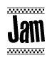 The image contains the text Jam in a bold, stylized font, with a checkered flag pattern bordering the top and bottom of the text.