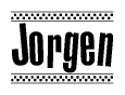 The clipart image displays the text Jorgen in a bold, stylized font. It is enclosed in a rectangular border with a checkerboard pattern running below and above the text, similar to a finish line in racing. 