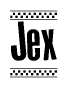 The image is a black and white clipart of the text Jex in a bold, italicized font. The text is bordered by a dotted line on the top and bottom, and there are checkered flags positioned at both ends of the text, usually associated with racing or finishing lines.