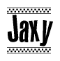 The image is a black and white clipart of the text Jaxy in a bold, italicized font. The text is bordered by a dotted line on the top and bottom, and there are checkered flags positioned at both ends of the text, usually associated with racing or finishing lines.