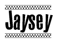 The clipart image displays the text Jaysey in a bold, stylized font. It is enclosed in a rectangular border with a checkerboard pattern running below and above the text, similar to a finish line in racing. 