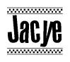 The image contains the text Jacye in a bold, stylized font, with a checkered flag pattern bordering the top and bottom of the text.
