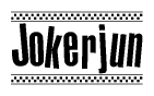 The clipart image displays the text Jokerjun in a bold, stylized font. It is enclosed in a rectangular border with a checkerboard pattern running below and above the text, similar to a finish line in racing. 