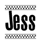 The clipart image displays the text Jess in a bold, stylized font. It is enclosed in a rectangular border with a checkerboard pattern running below and above the text, similar to a finish line in racing. 