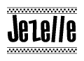 The clipart image displays the text Jezelle in a bold, stylized font. It is enclosed in a rectangular border with a checkerboard pattern running below and above the text, similar to a finish line in racing. 