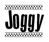 The image contains the text Joggy in a bold, stylized font, with a checkered flag pattern bordering the top and bottom of the text.