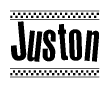 The clipart image displays the text Juston in a bold, stylized font. It is enclosed in a rectangular border with a checkerboard pattern running below and above the text, similar to a finish line in racing. 