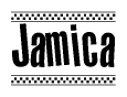 The clipart image displays the text Jamica in a bold, stylized font. It is enclosed in a rectangular border with a checkerboard pattern running below and above the text, similar to a finish line in racing. 