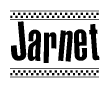 The image is a black and white clipart of the text Jarnet in a bold, italicized font. The text is bordered by a dotted line on the top and bottom, and there are checkered flags positioned at both ends of the text, usually associated with racing or finishing lines.