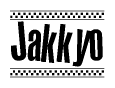 The image is a black and white clipart of the text Jakkyo in a bold, italicized font. The text is bordered by a dotted line on the top and bottom, and there are checkered flags positioned at both ends of the text, usually associated with racing or finishing lines.