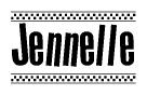 The image is a black and white clipart of the text Jennelle in a bold, italicized font. The text is bordered by a dotted line on the top and bottom, and there are checkered flags positioned at both ends of the text, usually associated with racing or finishing lines.