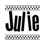 The image contains the text Julie in a bold, stylized font, with a checkered flag pattern bordering the top and bottom of the text.