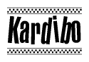 The image is a black and white clipart of the text Kardibo in a bold, italicized font. The text is bordered by a dotted line on the top and bottom, and there are checkered flags positioned at both ends of the text, usually associated with racing or finishing lines.