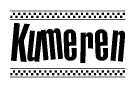 The image is a black and white clipart of the text Kumeren in a bold, italicized font. The text is bordered by a dotted line on the top and bottom, and there are checkered flags positioned at both ends of the text, usually associated with racing or finishing lines.