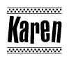 The image contains the text Karen in a bold, stylized font, with a checkered flag pattern bordering the top and bottom of the text.