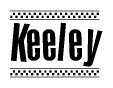The image is a black and white clipart of the text Keeley in a bold, italicized font. The text is bordered by a dotted line on the top and bottom, and there are checkered flags positioned at both ends of the text, usually associated with racing or finishing lines.