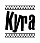 The image is a black and white clipart of the text Kyra in a bold, italicized font. The text is bordered by a dotted line on the top and bottom, and there are checkered flags positioned at both ends of the text, usually associated with racing or finishing lines.