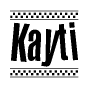The image is a black and white clipart of the text Kayti in a bold, italicized font. The text is bordered by a dotted line on the top and bottom, and there are checkered flags positioned at both ends of the text, usually associated with racing or finishing lines.