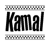 The image is a black and white clipart of the text Kamal in a bold, italicized font. The text is bordered by a dotted line on the top and bottom, and there are checkered flags positioned at both ends of the text, usually associated with racing or finishing lines.