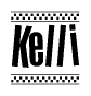 The image contains the text Kelli in a bold, stylized font, with a checkered flag pattern bordering the top and bottom of the text.