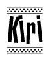 The image contains the text Kiri in a bold, stylized font, with a checkered flag pattern bordering the top and bottom of the text.