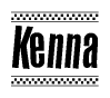 The image is a black and white clipart of the text Kenna in a bold, italicized font. The text is bordered by a dotted line on the top and bottom, and there are checkered flags positioned at both ends of the text, usually associated with racing or finishing lines.