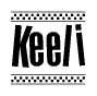 The clipart image displays the text Keeli in a bold, stylized font. It is enclosed in a rectangular border with a checkerboard pattern running below and above the text, similar to a finish line in racing. 