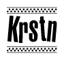 The image is a black and white clipart of the text Krstn in a bold, italicized font. The text is bordered by a dotted line on the top and bottom, and there are checkered flags positioned at both ends of the text, usually associated with racing or finishing lines.