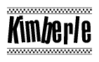 The image is a black and white clipart of the text Kimberle in a bold, italicized font. The text is bordered by a dotted line on the top and bottom, and there are checkered flags positioned at both ends of the text, usually associated with racing or finishing lines.