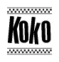 The image contains the text Koko in a bold, stylized font, with a checkered flag pattern bordering the top and bottom of the text.