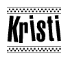 The image is a black and white clipart of the text Kristi in a bold, italicized font. The text is bordered by a dotted line on the top and bottom, and there are checkered flags positioned at both ends of the text, usually associated with racing or finishing lines.