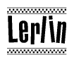 The image is a black and white clipart of the text Lerlin in a bold, italicized font. The text is bordered by a dotted line on the top and bottom, and there are checkered flags positioned at both ends of the text, usually associated with racing or finishing lines.